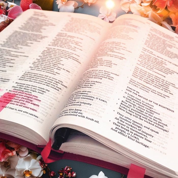 Open Bible with highlighted verses surrounded by flowers and soft lighting.