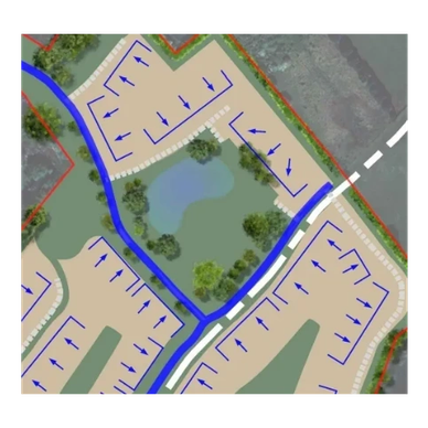 A map segment showing parking and traffic flow around a green area with a pond.