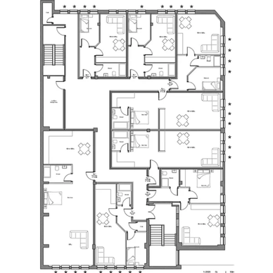 Architectural floor plan showing multiple rooms and corridors.