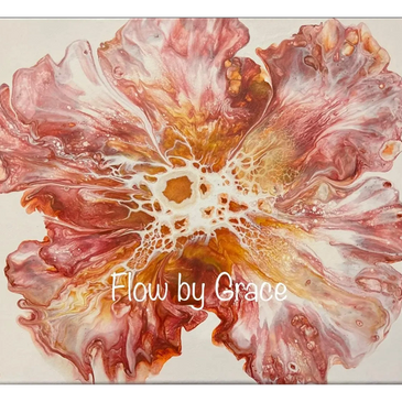 Abstract bloom painting in red, orange and gold.