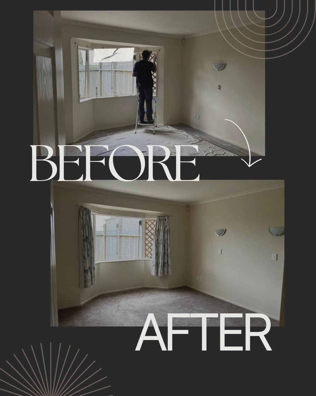 Room transformation showing a painted and carpeted living space with new curtains.