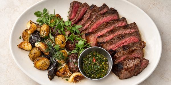 Dinner dish: sliced medium-rare steak with roasted potatoes and chimichurri sauce