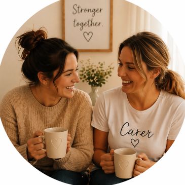 Two women smiling and holding mugs, sharing a warm moment.