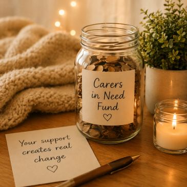 A jar labeled 'Carers in Need Fund' filled with coins on a cozy wooden table.