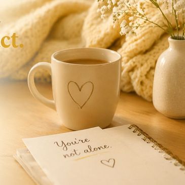 Cozy scene with a heart mug and a note saying 'You're not alone.'
