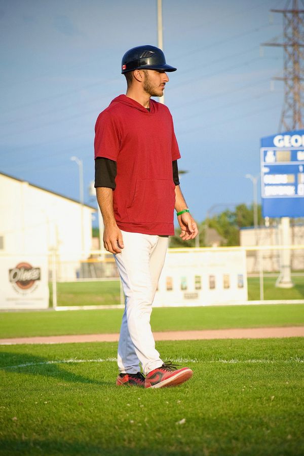 Man in baseball gear standing on field.