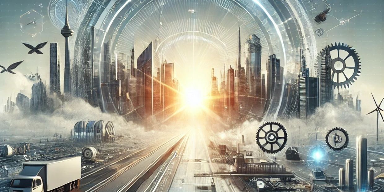 Futuristic cityscape with glowing gears and a radiant sunrise, blending technology and urban life.