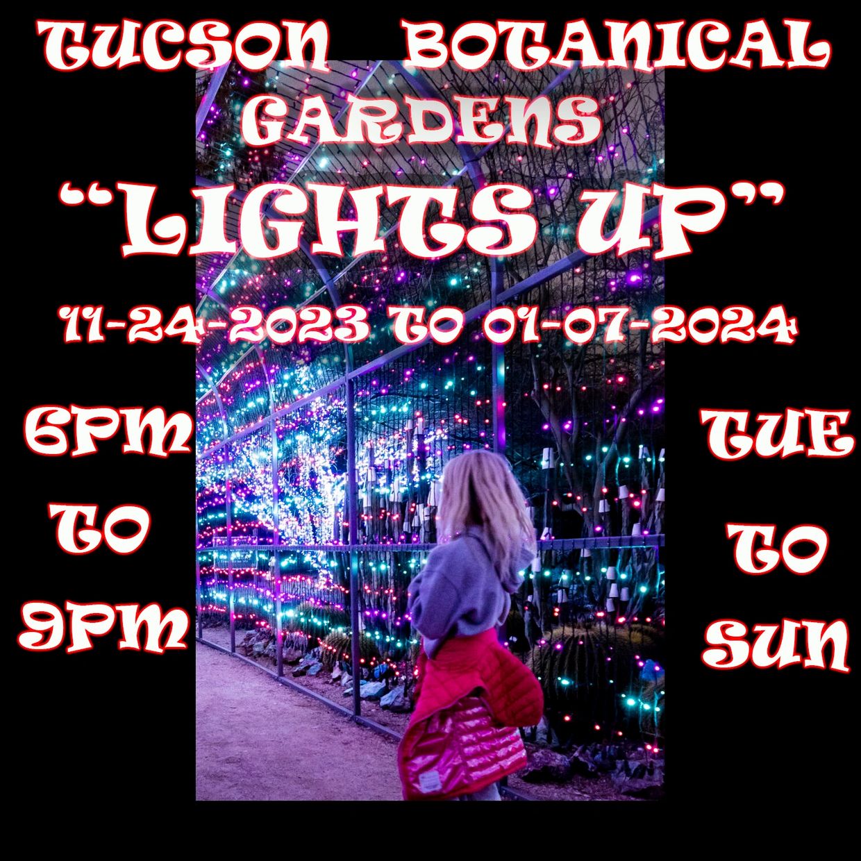 A girl walks through colorful light displays at Tucson Botanical Gardens.