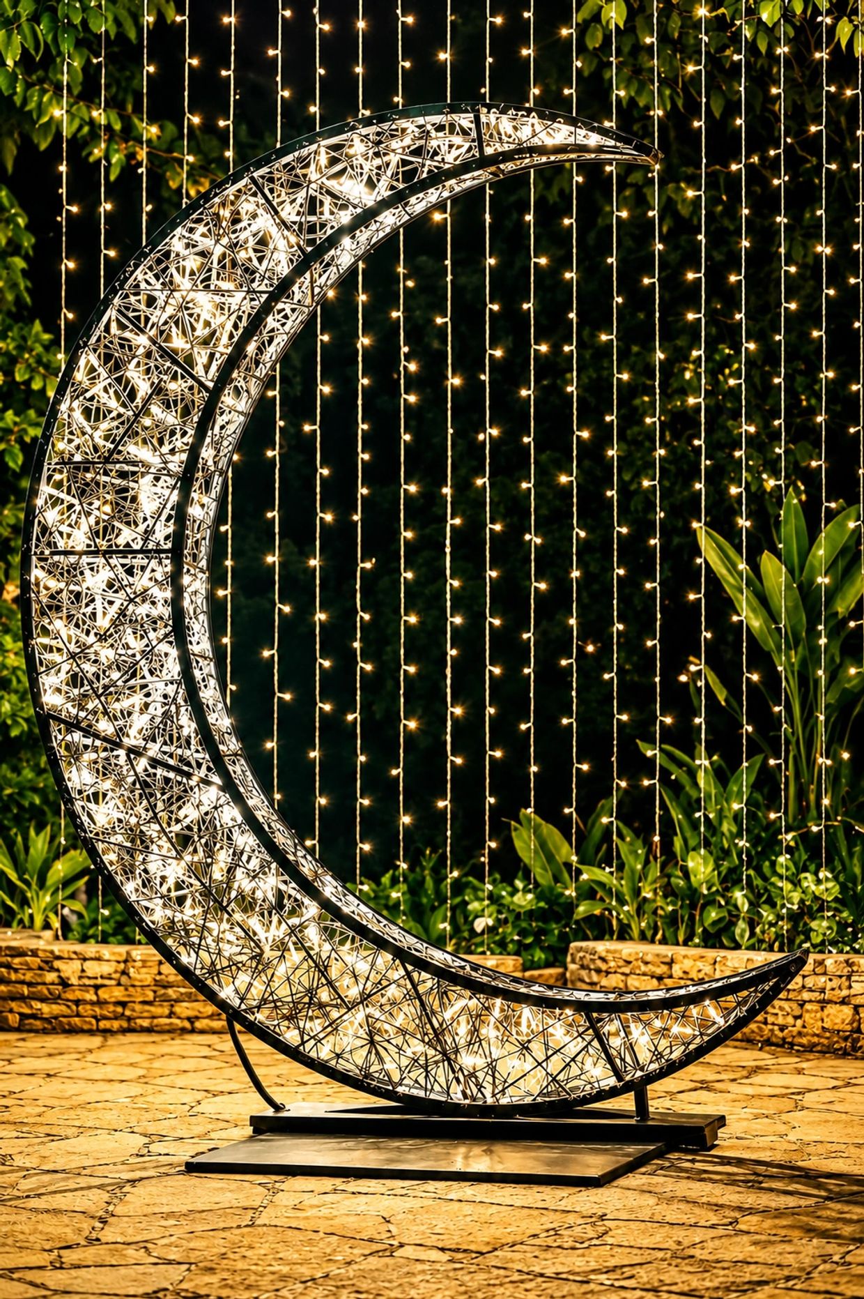 Illuminated crescent moon decoration with string lights in a garden.
