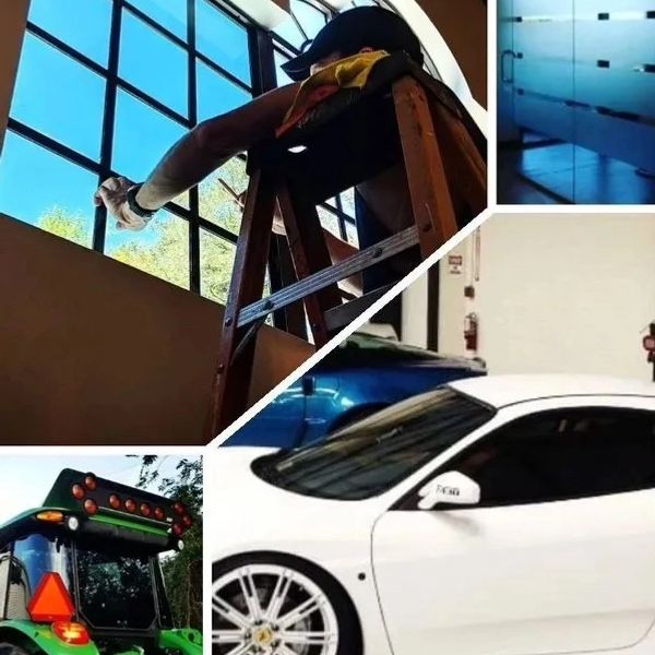 Collage of vehicle, window cleaning, and glass door images.