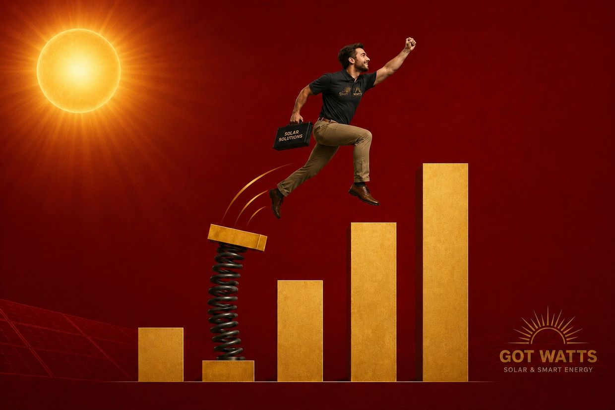 Man leaps on a golden bar graph with solar energy theme.