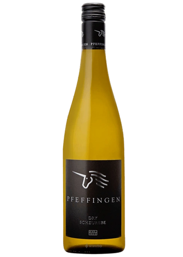 Bottle of Pfeffingen Dry Scheurebe white wine with a black label.