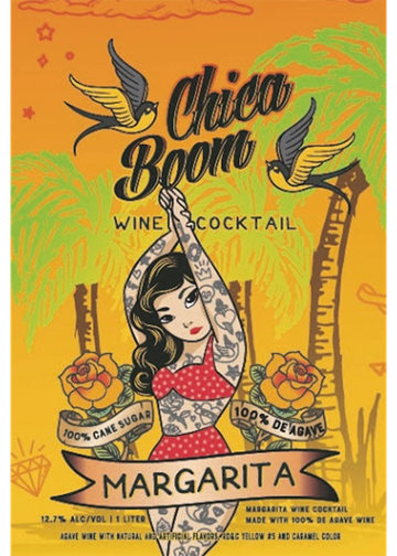Vintage-style label for Chica Boom Margarita wine cocktail with tropical theme.