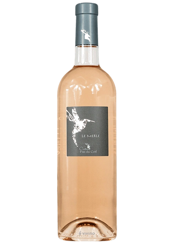 Bottle of Le Merle rosé wine with a hummingbird label.