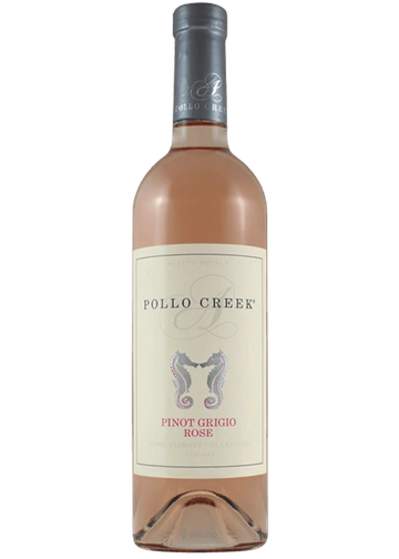 A bottle of Pollo Creek Pinot Grigio Rosé wine with a seahorse design on the label.