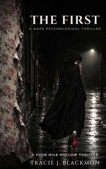 Cover of The First by Tracie J. Blackmon, a hooded woman on a wet street at night
