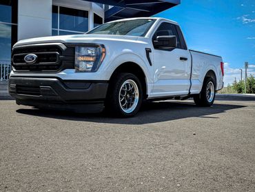 White Ford F150 with a V8 engine, lowered with wheels and tires. #custom #ford #truck #lowered #lowe
