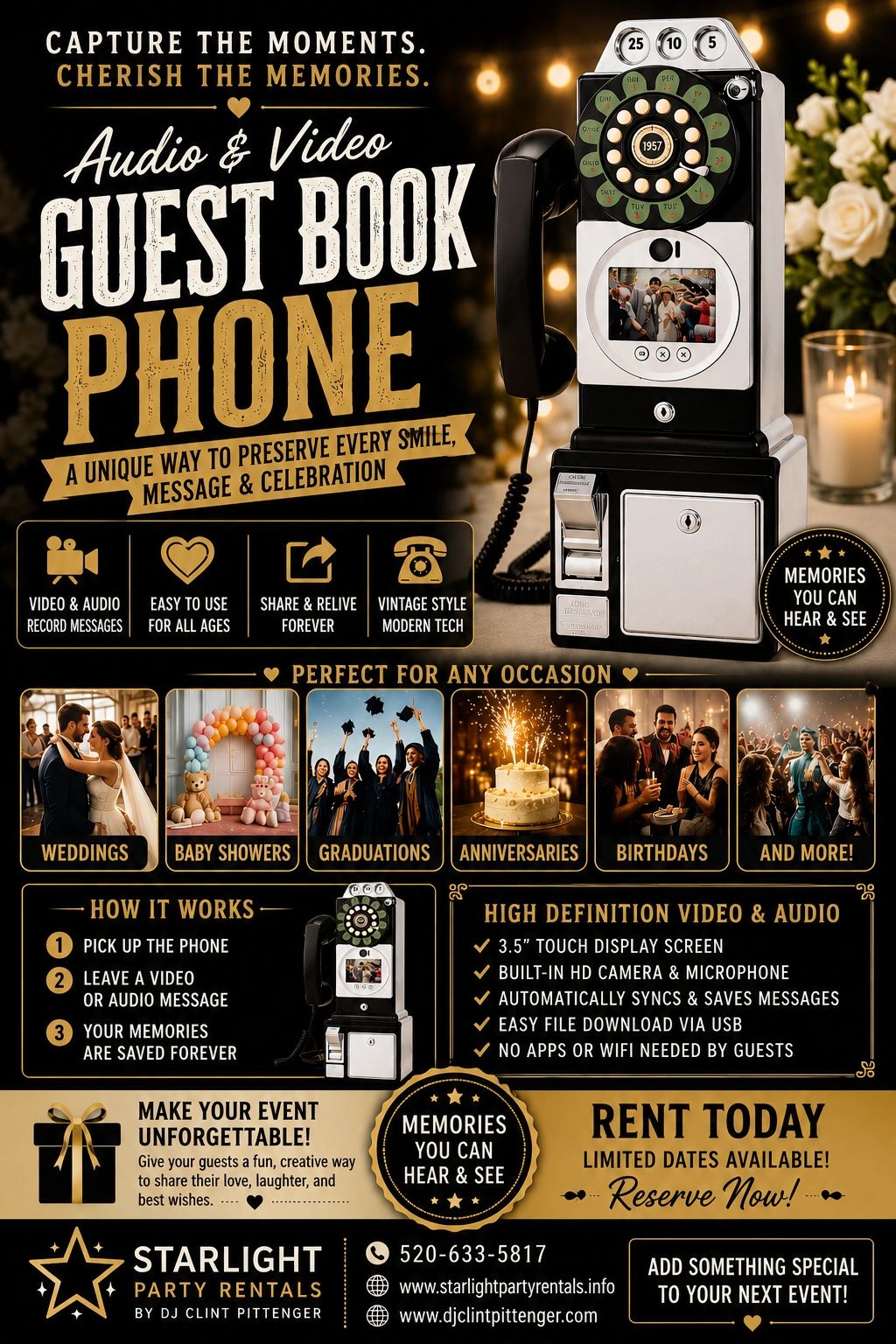 Vintage-style audio & video guest book phone perfect for weddings, birthdays, and more.