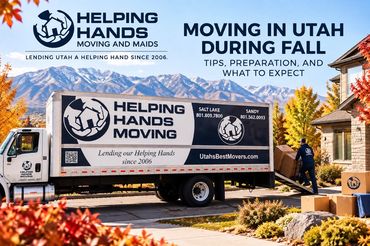 Helping Hands Moving and Maids truck in a Utah neighborhood during fall moving season.