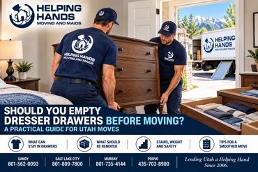 Helping Hands Moving and Maids crew moving a dresser, with tips for preparing furniture before a Uta