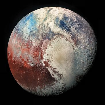 Detailed grayscale image of Pluto's surface with heart-shaped region.