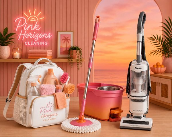 Cleaning supplies and equipment arranged with a sunset backdrop.