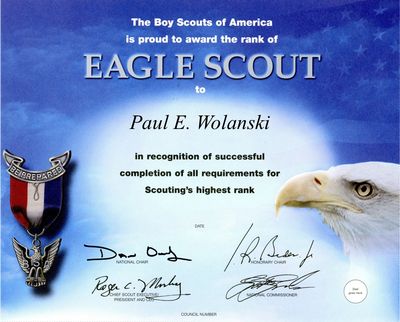 A certificate from Boy Scouts of America awarding Paul Wolanski the rank of Eagle Scout.