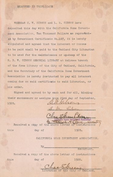 C.W. Gibson and Lovina Gibson -  $10,000 endowment for the upkeep of the H.D.W. Gibson Library Colle
