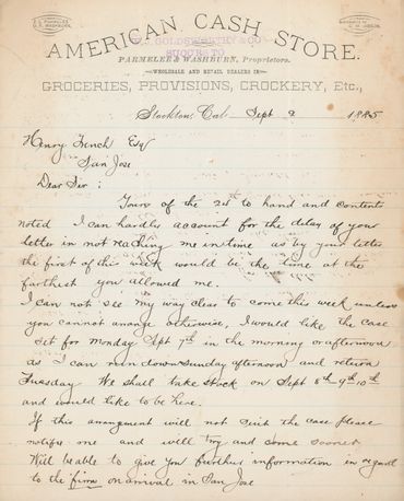 American Cash Store 
Business correspondence 
Stockton, California - September 9, 1885
"Successors t