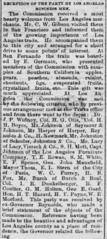 The Los Angeles Times, 1884
Mr. C. W. Gibson visited them in San Francisco and informed them of the