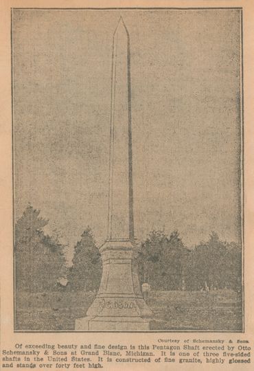 Detroit Free Press, 1913
Of exceeding beauty and fine design is this Pentagon Shaft erected by Otto
