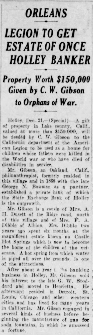 The Democrat and Chronicle of Rochester, New York, reported on the philanthropic deeds of C.W. Gibso