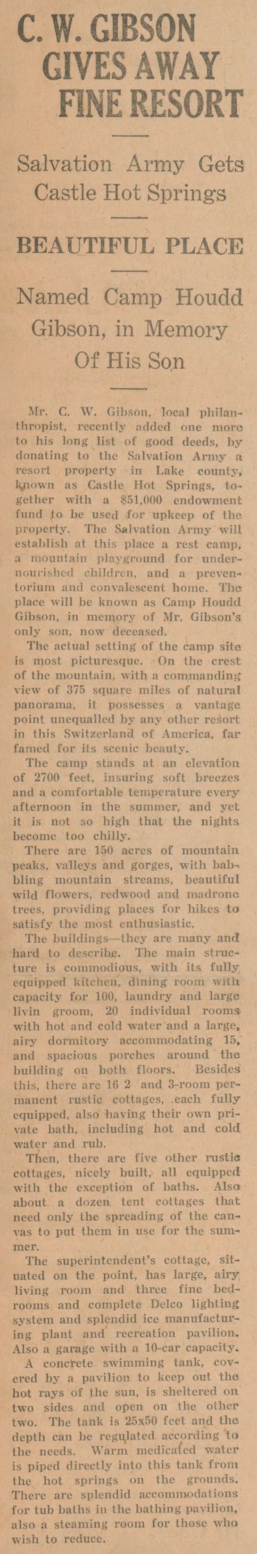 Article - C.W. Gibson Gives Away Fine Resort
Camp Houdd Gibson gifted to the Salvation Army.
Lake Co