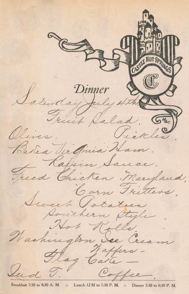 Dinner menu on fancy letterhead 
Castle Hot Springs, Middletown, CA (1919)