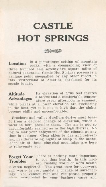 Brochure page for Castle Hot Springs, Middletown, CA (1919)