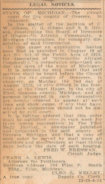 In 1920, the Board of Directors of the Gibsonville Altruist Community, a registered corporation, fil