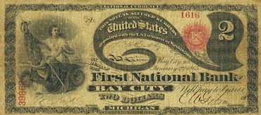 Two dollar bank note - First National Bank of Bay City, MI (1865)
C.W. Gibson, President (signed)
