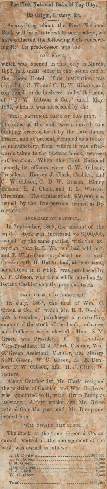 Bay Bank was co-founded in 1863 by C.D.W. Gibson and his son, C.W. Gibson. In 1864, it became the Fi
