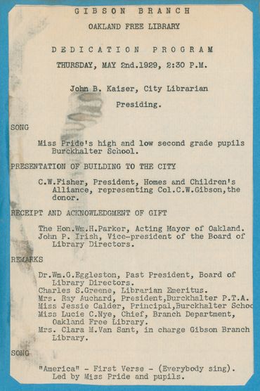 Gibson Branch Library dedication program, May 2, 1929.