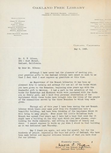 Letter of gratitude from Lucie C. Rye, Chief of the Branch Department, Oakland Free Library.