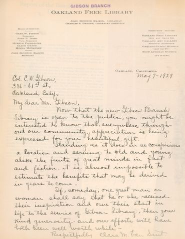 Letter of gratitude from Clara M. Van Sant, Gibson Branch librarian.