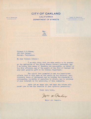 Letter of gratitude from William H. Parker, Mayor Pro Temp.