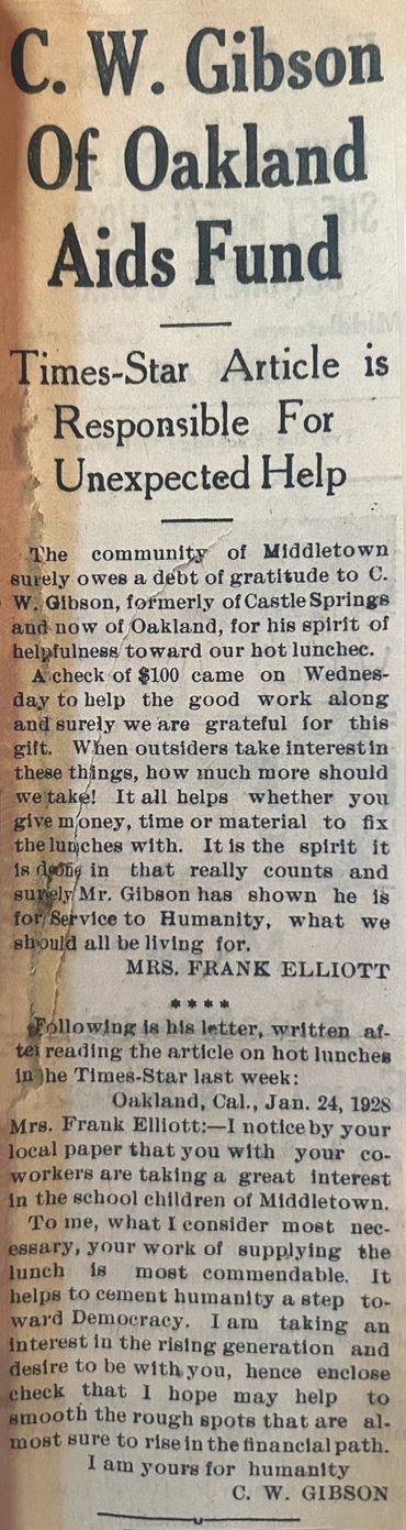 Article - C.W. Gibson donates $100 for school lunches at Middletown Union Grammar School.