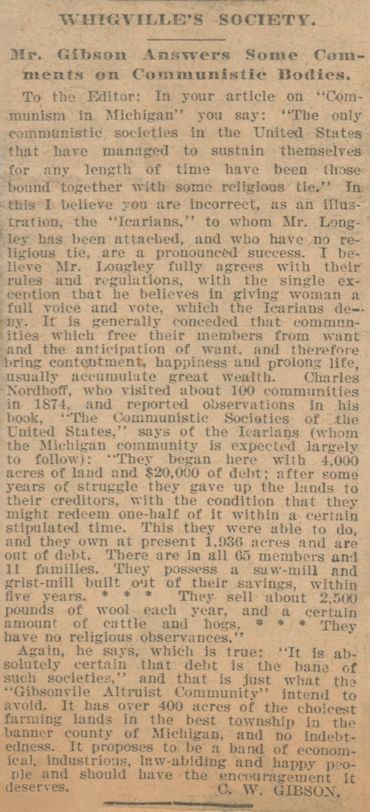 Responce to "Communism in Michigan"
"Again, he (Charles Nordhoff) says, which is true: "It is absolu