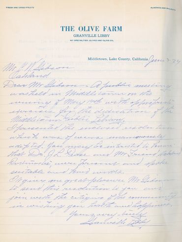 Letter from Grandville Libby to C.W. Gibson. (June 3, 1929)