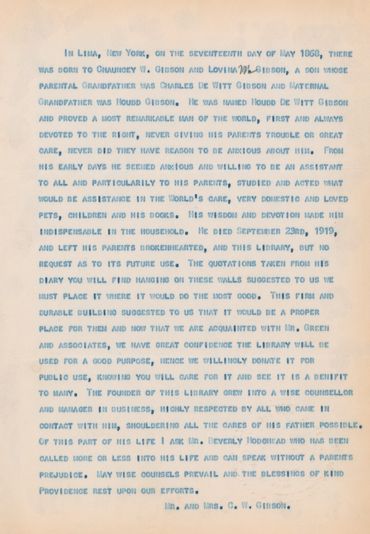 C.W. Gibson & Lovina M. Gibson's statement of dedication of the H.D.W. Memorial library at the