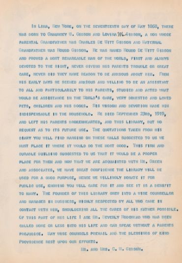 C.W. Gibson & Lovina M. Gibson's statement of dedication of the H.D.W. Memorial Library at the Melro