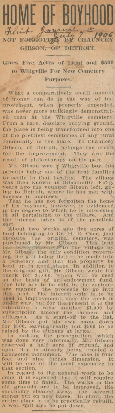 Flint Journal, 1906
This land has been presented to the village by Mr. Gibson. The only condition go