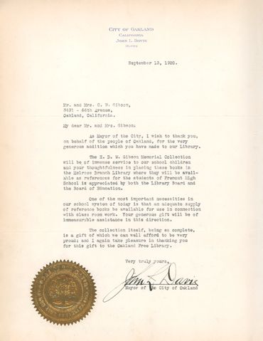A letter of gratitude from the Mayor of Oakland, John L. Davie, to C.W. Gibson for his donation of t