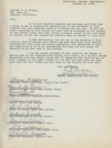 Letter of gratitude from the Boy Scouts and other community leaders to C.W. Gibson for the Montclair